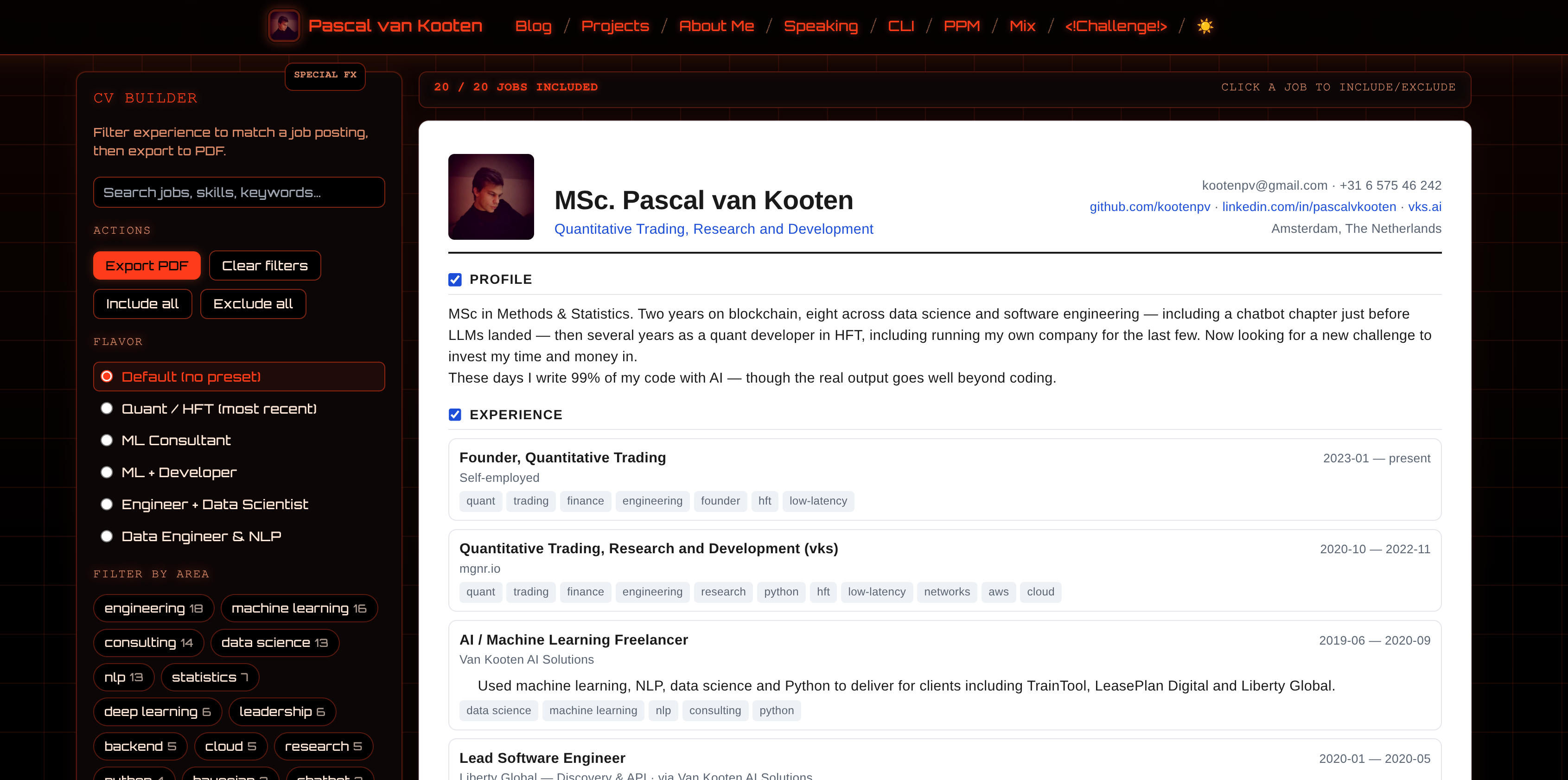Screenshot of the CV builder at /cv — sidebar with flavor presets and tag filters on the left, profile and experience cards on the right.